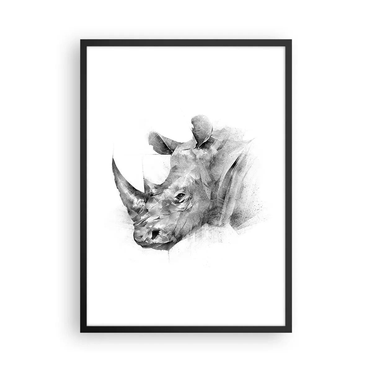 Plakat w czarnej ramie - Graficzny rysunek nosorożca w czarno-białej tonacji - 50x70cm - Afrykański portret - Nowoczesna dekoracja ścienna do salonu i sypialni ARTTOR