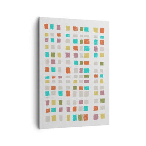 Obraz na płótnie - Abstrakcyjna kompozycja kolorowych kwadratów na białym tle - 50x70cm - Nieznana gra - Nowoczesna dekoracja ścienna do salonu, kuchni i sypialni ARTTOR