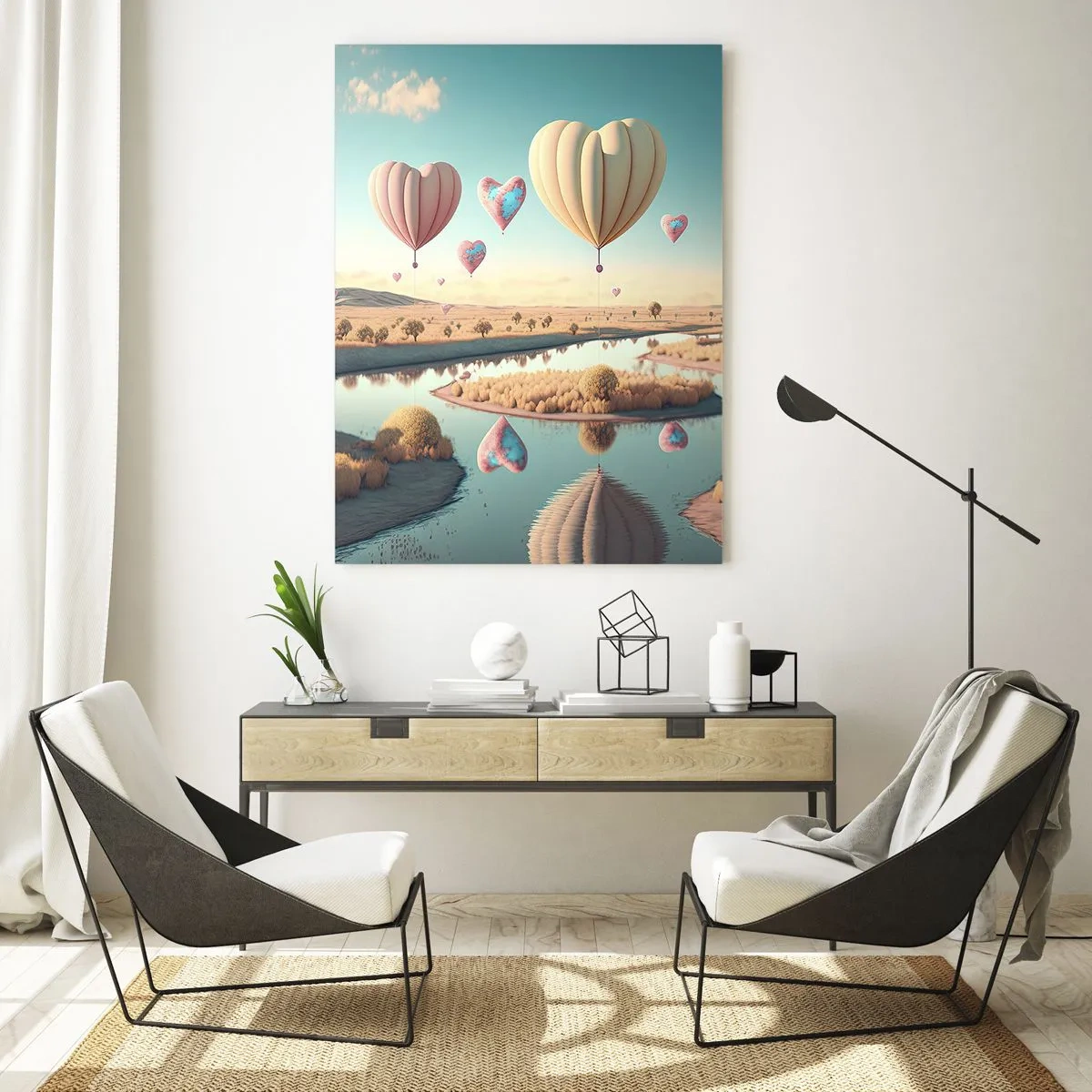 Obraz na szkle - Balony w kształcie serc nad bajkowym krajobrazem z rzeką - 50x70cm - Miłość pozwala wznieść się - Nowoczesna dekoracja ścienna do salonu, kuchni i sypialni ARTTOR