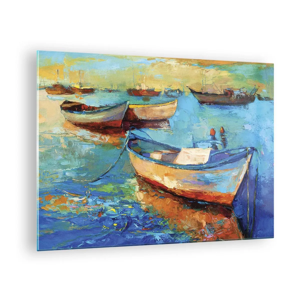 Obraz na szkle - Kolorowe łodzie na spokojnym wodnym tle - 70x50cm - W południowej zatoce - Nowoczesna dekoracja ścienna do salonu i sypialni ARTTOR