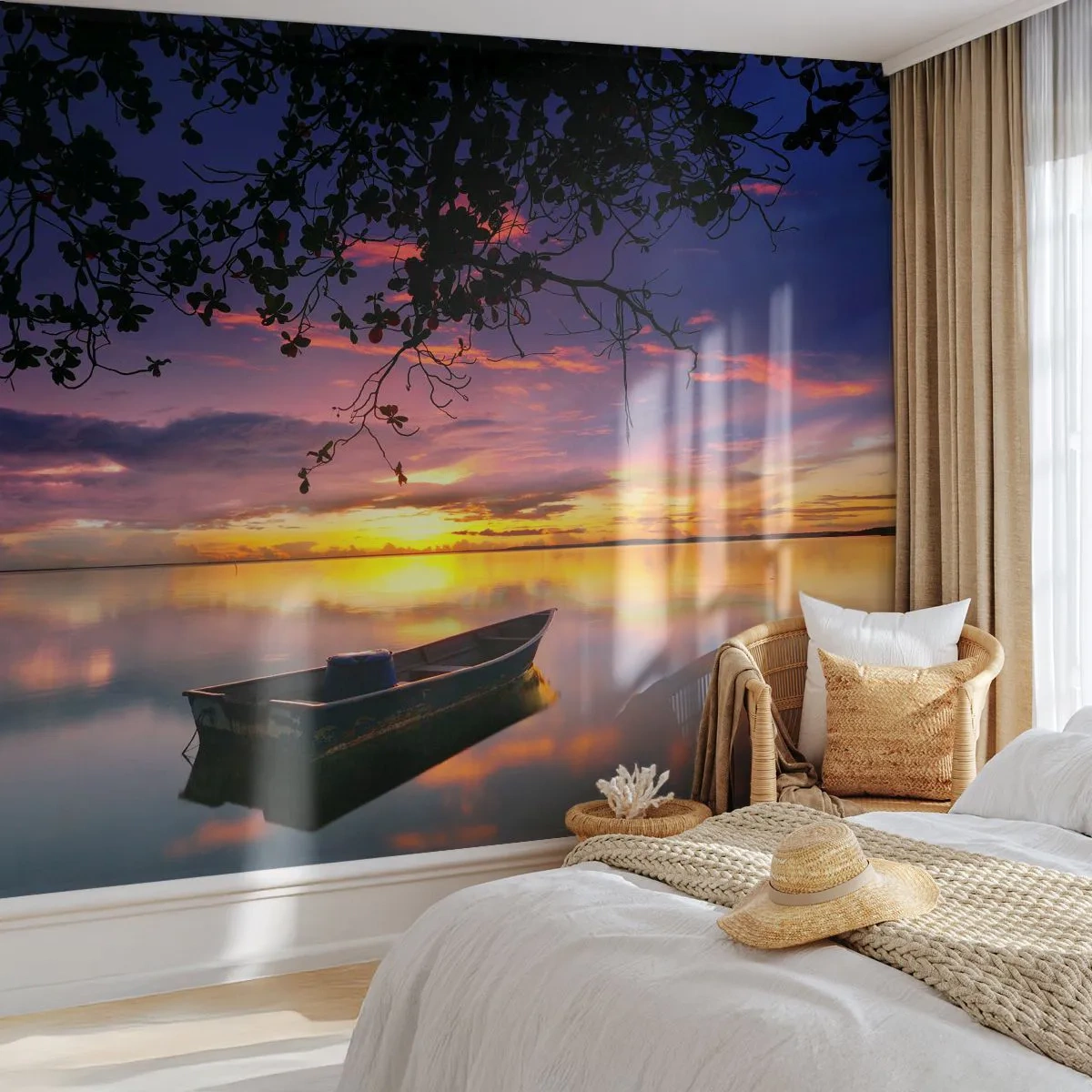 Fototapeta Premium Sand - Łódź na jeziorze o zachodzie słońca - 100x70cm - "Zdajesz się wisieć w środku niebokręga…" - Nowoczesna dekoracja ścienna do salonu, kuchni i sypialni ARTTOR