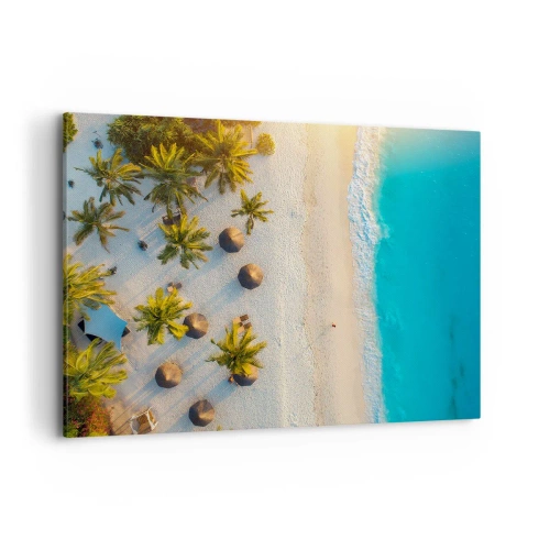 Obraz na płótnie - Widok na tropikalną plażę z palmami i turkusowym morzem - 100x70cm - Witaj w raju - Nowoczesna dekoracja ścienna do salonu, kuchni i sypialni ARTTOR