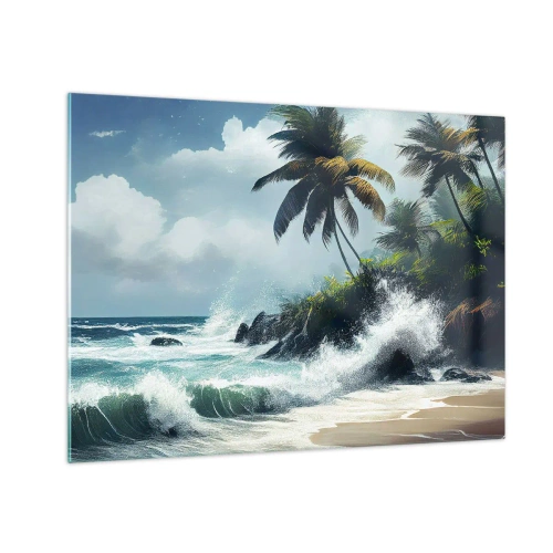 Obraz na szkle - Fale uderzające o skały przy palmach na tropikalnej plaży - 70x50cm - Na tropikalnym brzegu - Nowoczesna dekoracja ścienna do salonu i sypialni ARTTOR