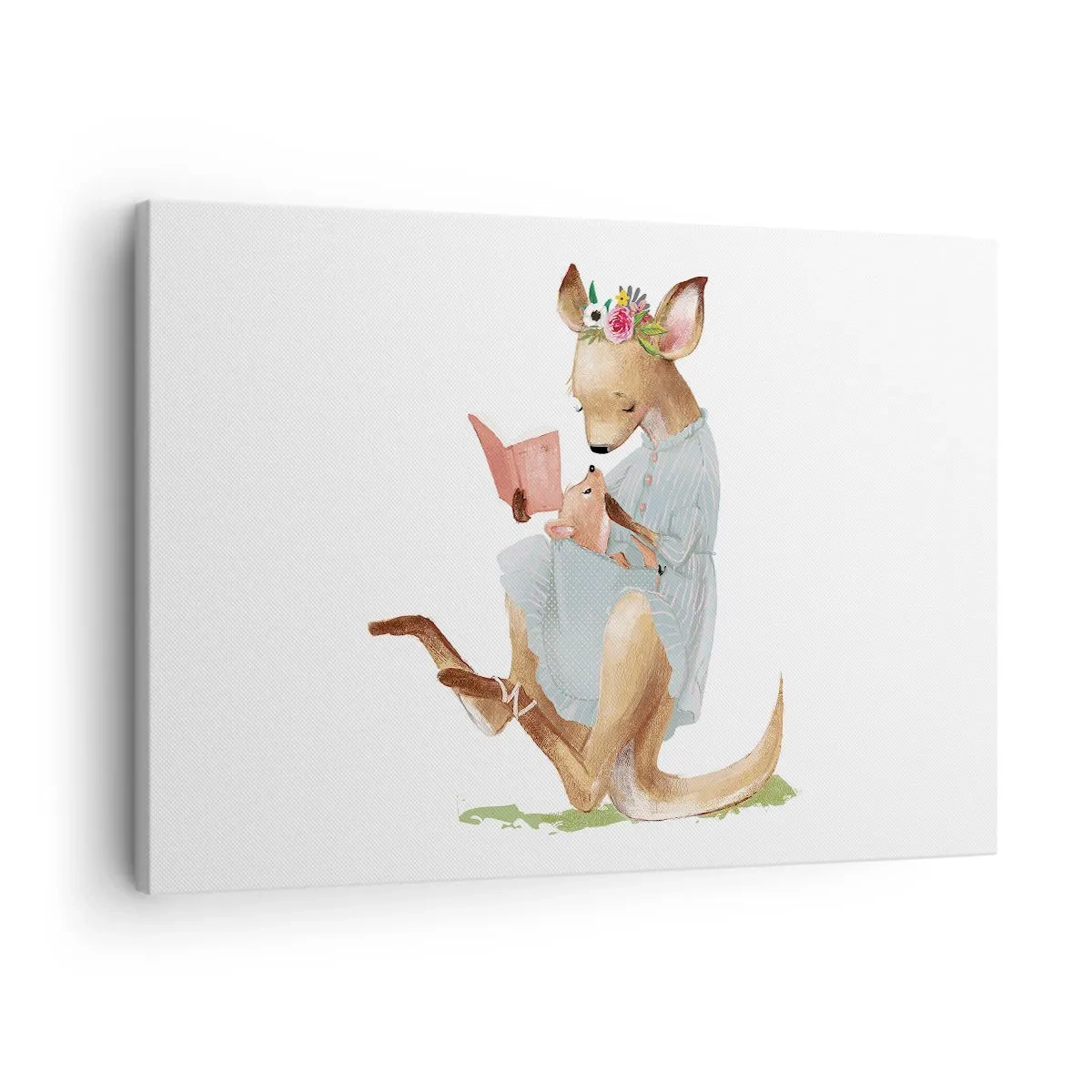 Obraz na płótnie - Kangurzyca czytająca książkę z dzieckiem - 70x50cm - Poczytaj mi, mamo - Nowoczesna dekoracja ścienna do salonu i sypialni ARTTOR
