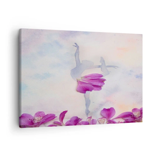 Obraz na płótnie - Tancerka w sukni z płatka kwiatu na tle pastelowym - 70x50cm - Delikatna jak kwiat - Nowoczesna dekoracja ścienna do salonu i sypialni ARTTOR