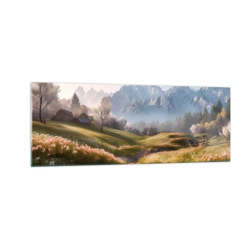 Obraz na szkle - Górska dolina z łąkami, chatami i widokiem na szczyty - 140x50cm - Sielska dolina - Nowoczesna dekoracja ścienna do salonu i sypialni ARTTOR