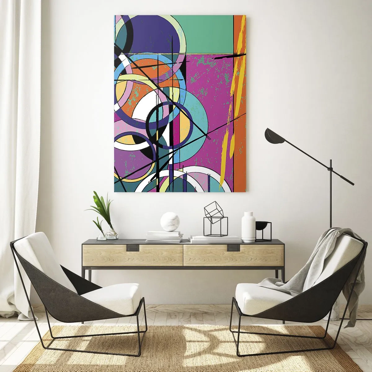 Obraz na szkle - Kolorowa abstrakcja z geometrycznymi kształtami i okręgami - 50x70cm - Koło za kołem - Nowoczesna dekoracja ścienna do salonu, kuchni i sypialni ARTTOR