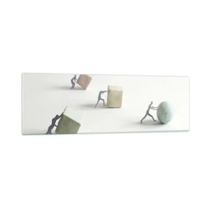 Obraz na szkle - Miniaturowe postacie pchające kształty na jasnym tle - 160x50cm - Samo życie - Nowoczesna dekoracja ścienna do salonu i sypialni ARTTOR