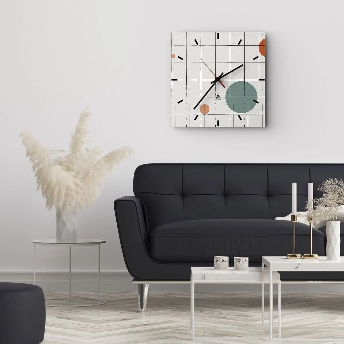 Zegar ścienny - Abstrakcyjne okręgi w kolorach na tle geometrycznej siatki - 30x30cm - Uwięzione. My czy one? - Nowoczesna dekoracja ścienna do salonu i sypialni ARTTOR