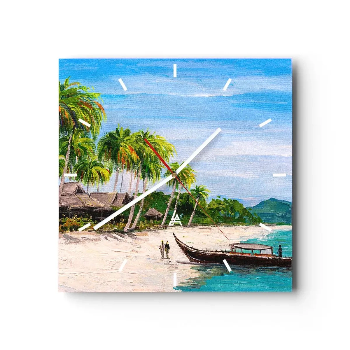 Zegar ścienny - Egzotyczna plaża z palmami i łodzią przy brzegu - 30x30cm - Egzotyczny sen - Nowoczesna dekoracja ścienna do salonu i sypialni ARTTOR