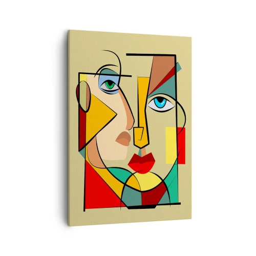Obraz na płótnie - Kolorowy abstrakcyjny portret w stylu kubistycznym - 50x70cm - Dobrana para - Nowoczesna dekoracja ścienna do salonu, kuchni i sypialni ARTTOR