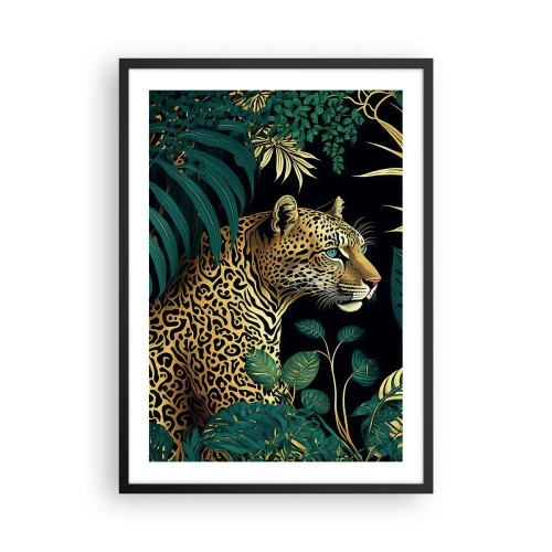 Plakat w czarnej ramie - Złoty lampart w tropikalnej dżungli - 50x70cm - Gospodarz w dżungli - Nowoczesna dekoracja ścienna do salonu i sypialni ARTTOR