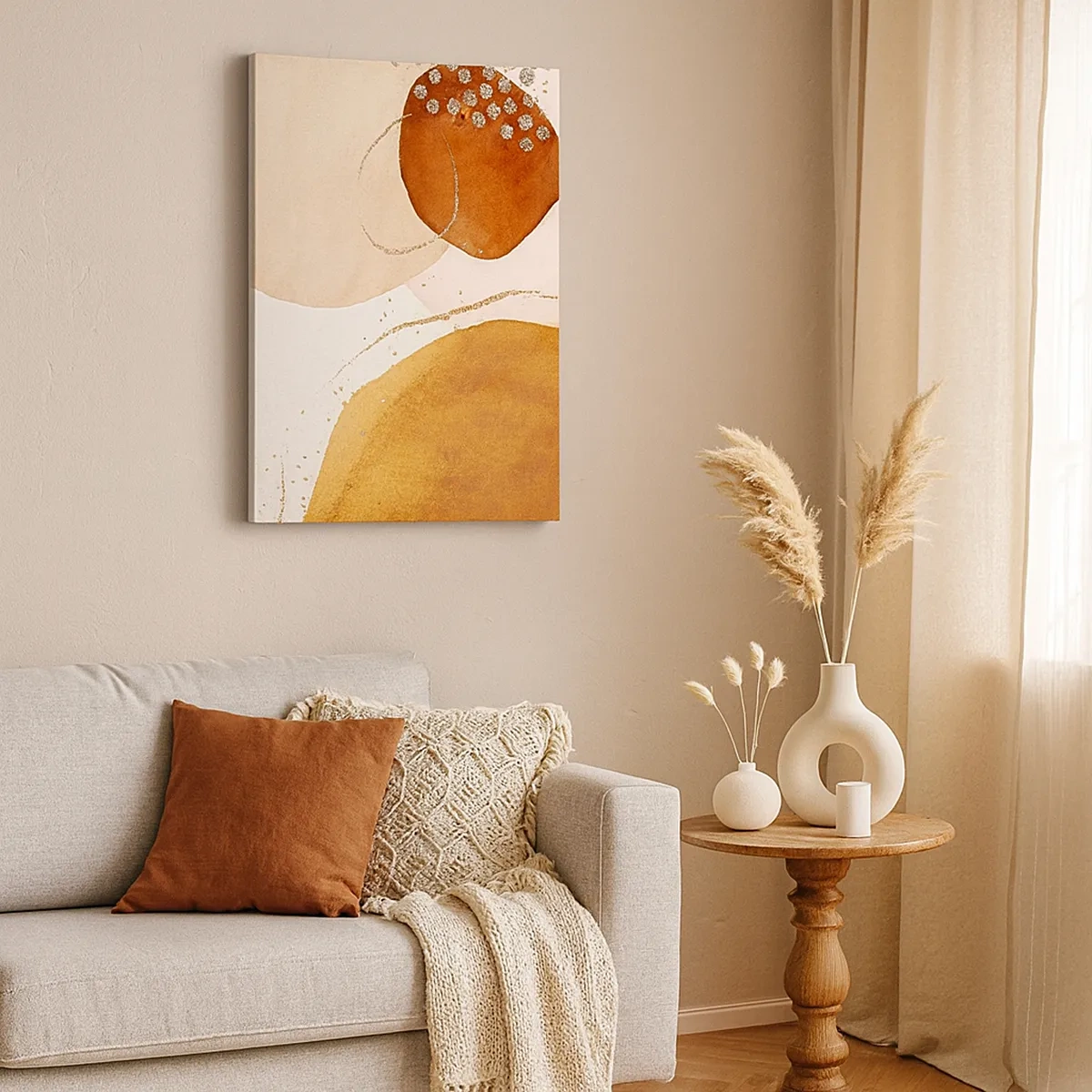 Obraz na płótnie - Abstrakcyjna kompozycja w odcieniach beżu, pomarańczu i złota - 50x70cm - Krągłość i ruch - Nowoczesna dekoracja ścienna do salonu, kuchni i sypialni ARTTOR