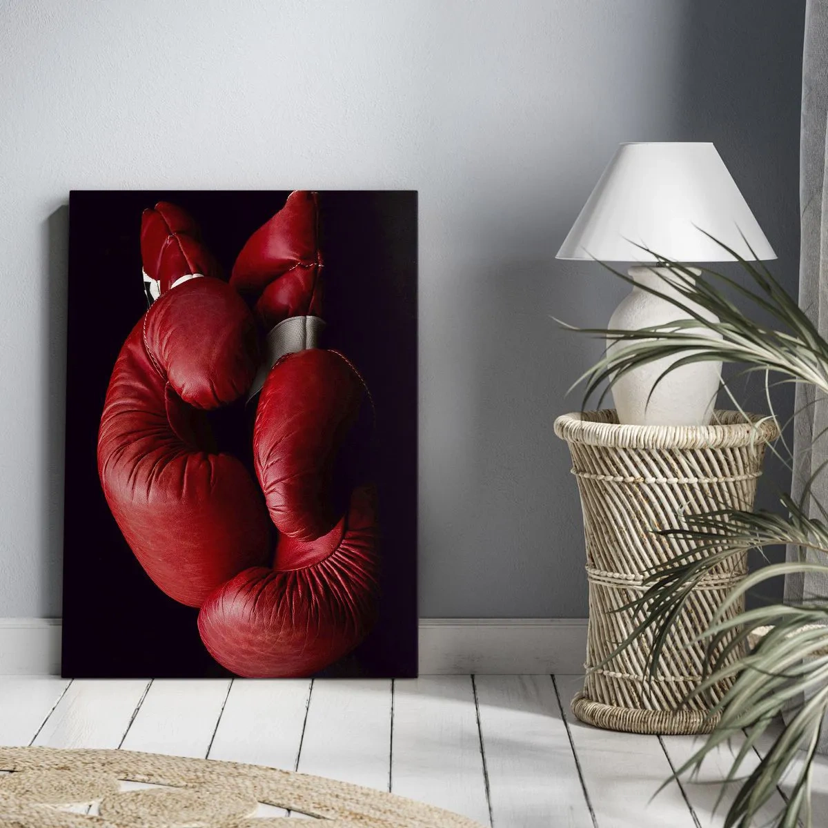Obraz na płótnie - Czerwone rękawice bokserskie na czarnym tle - 70x100cm - Emocje walki za nami - Nowoczesna dekoracja ścienna do salonu i sypialni ARTTOR