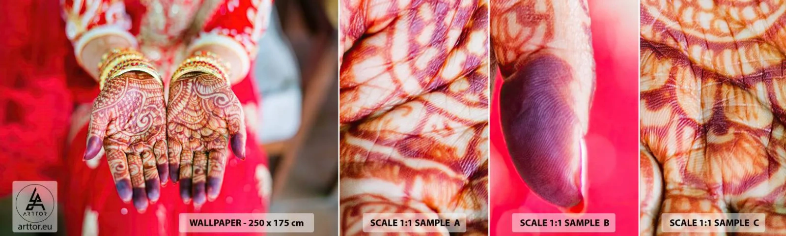 Fototapeta Próbka Samoprzylepna Deluxe Sticker - Gotowa złapać szczęście - Kobiece Dłonie, Orientalne Wzory, Indie - 100x30 cm