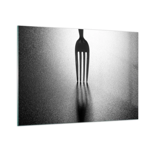 Obraz na szkle - Widelec rzucający cień w minimalistycznej czarno-białej kompozycji - 100x70cm - Światło i cień - Nowoczesna dekoracja ścienna do salonu, kuchni i sypialni ARTTOR