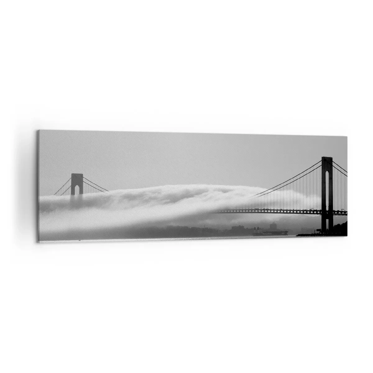 Obraz na płótnie - Most nad wodą spowity mgłą w czarno-białym ujęciu - 160x50cm - Przepłynąć przez Złote Wrota - Nowoczesna dekoracja ścienna do salonu i sypialni ARTTOR