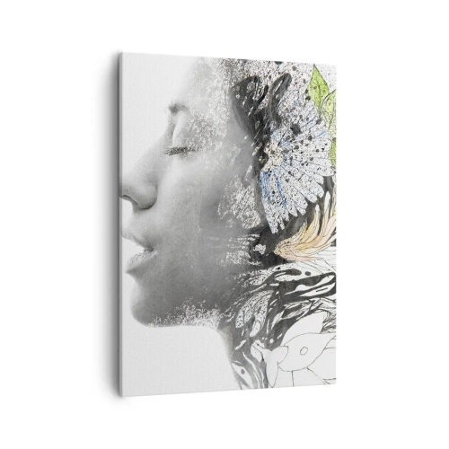 Obraz na płótnie - Profil kobiety w artystycznym kolażu z motywami natury i abstrakcji - 50x70cm - Zanurzona w naturze - Nowoczesna dekoracja ścienna do salonu, kuchni i sypialni ARTTOR