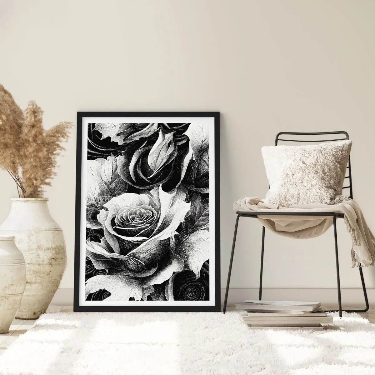 Plakat w czarnej ramie - Czarno-biała kompozycja róż z wyrazistym światłocieniem - 50x70cm - Zawsze królowa - Nowoczesna dekoracja ścienna do salonu i sypialni ARTTOR