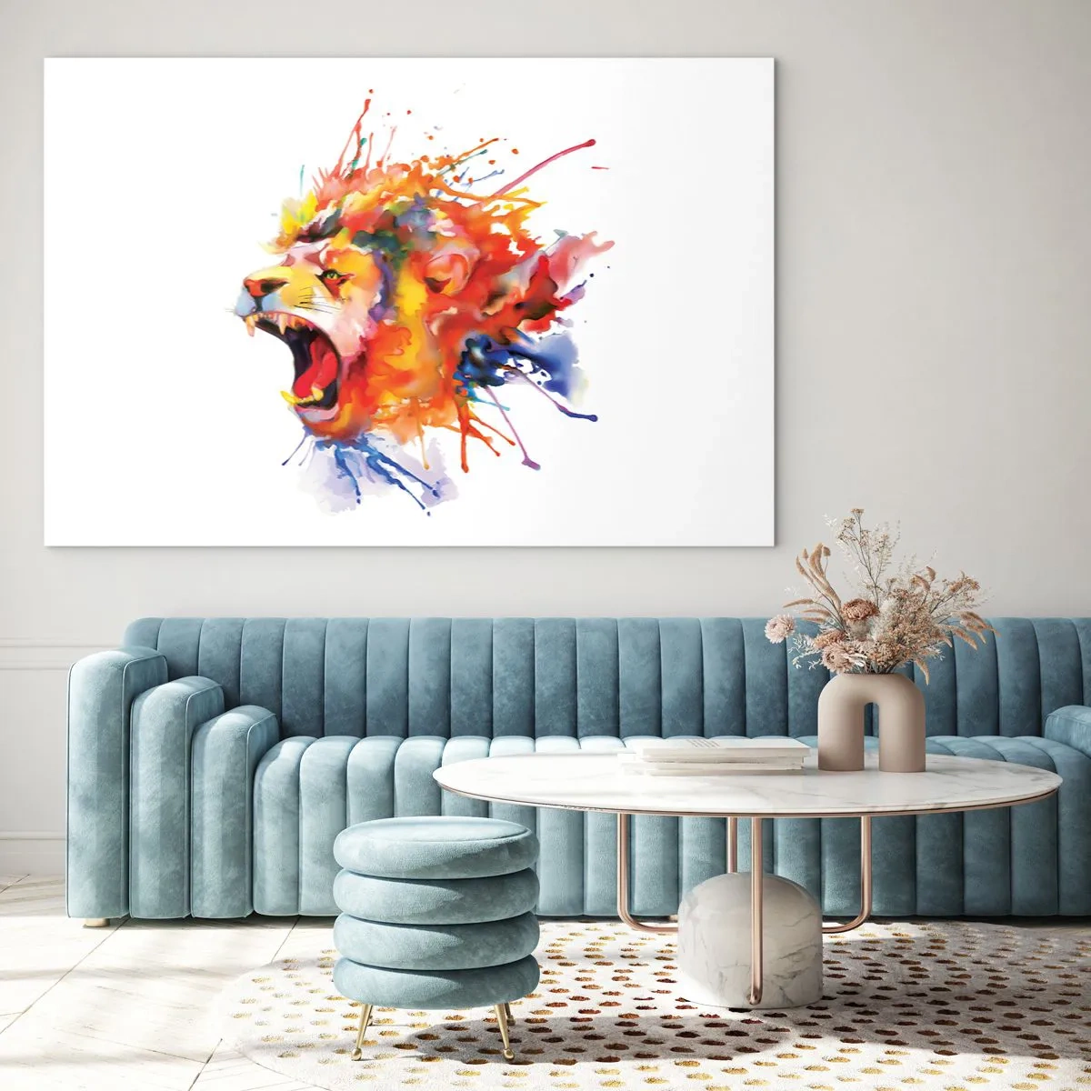 Obraz na szkle - Kolorowy lew w akwarelowym stylu na białym tle - 120x80cm - Wybuchnąć gniewem  - Nowoczesna dekoracja ścienna do salonu, kuchni i sypialni ARTTOR