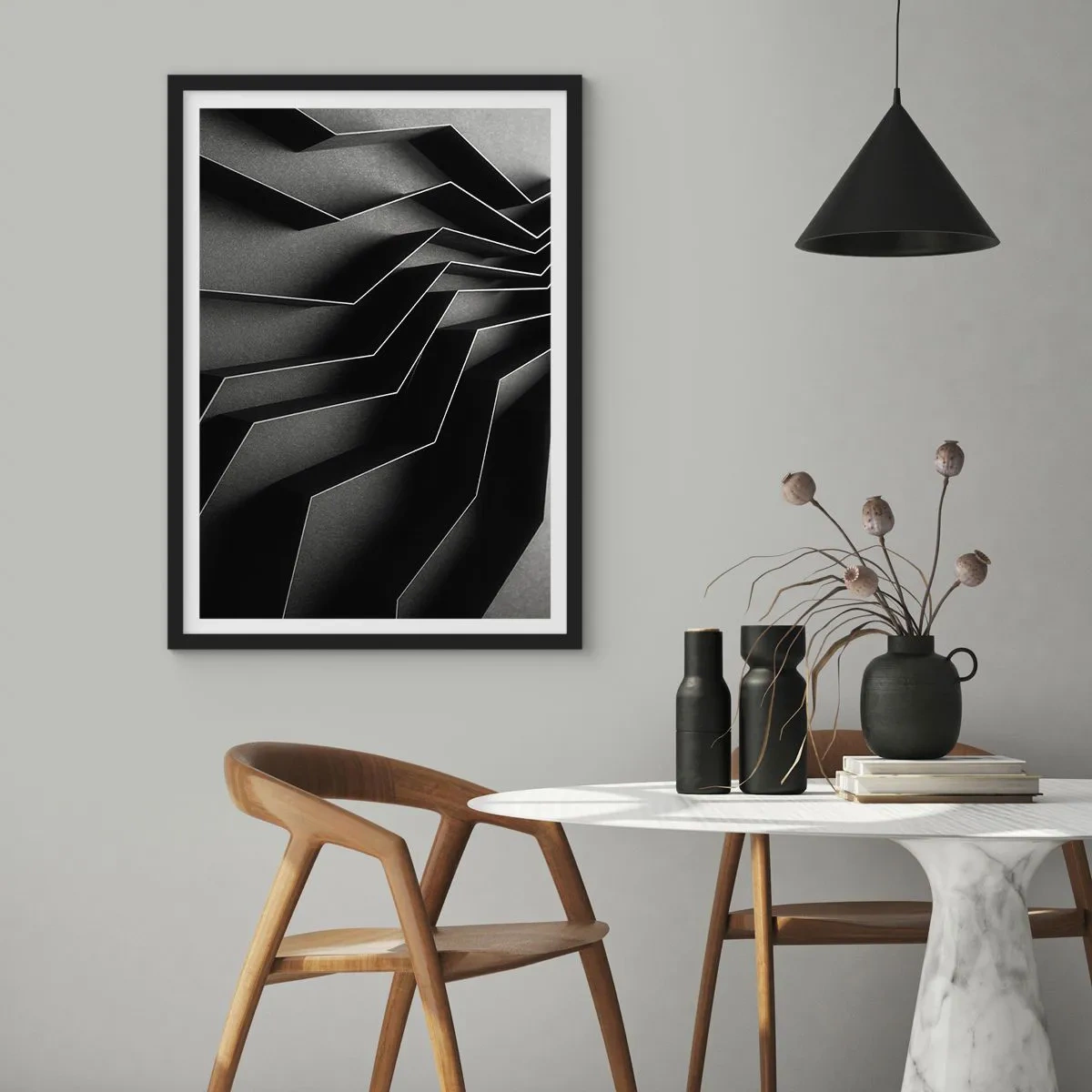 Plakat w czarnej ramie - Czarno-biała kompozycja geometrycznych, przestrzennych struktur - 50x70cm - Przestrzenny porządek - Nowoczesna dekoracja ścienna do salonu i sypialni ARTTOR