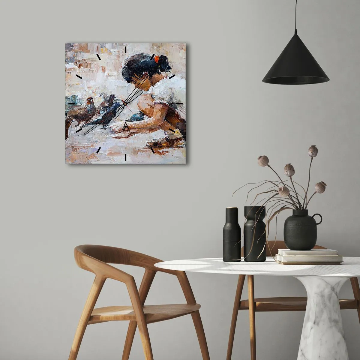 Zegar ścienny - Dziewczynka karmiąca ptaki w malarskim stylu - 30x30cm - Maluczcy i najmilsi - Nowoczesna dekoracja ścienna do salonu i sypialni ARTTOR