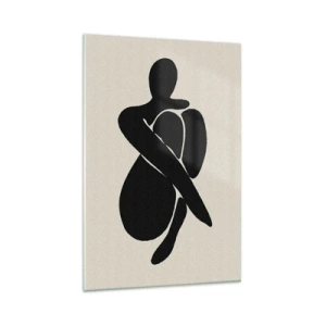 Obraz na szkle - Minimalistyczna sylwetka osoby w abstrakcyjnej pozie na jasnym tle - 80x120cm - We własnych objęciach - Nowoczesna dekoracja ścienna do salonu i sypialni ARTTOR