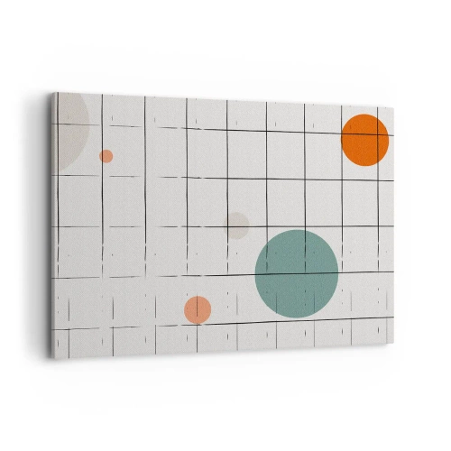 Obraz na płótnie - Abstrakcyjne okręgi w kolorach na tle geometrycznej siatki - 100x70cm - Uwięzione. My czy one? - Nowoczesna dekoracja ścienna do salonu, kuchni i sypialni ARTTOR
