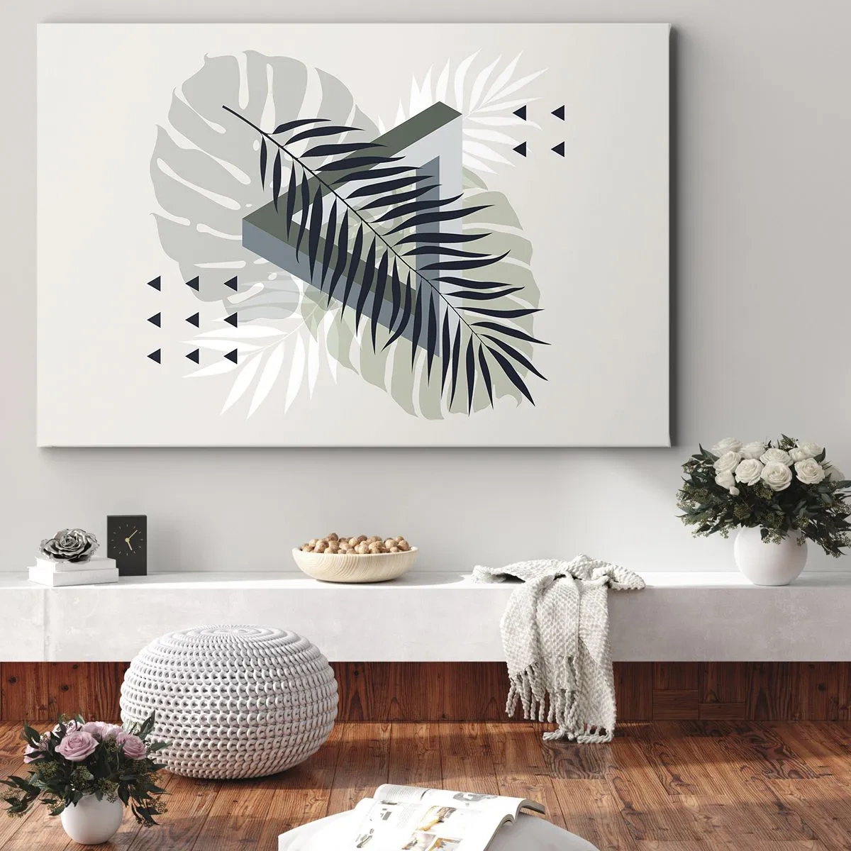 Obraz na płótnie - Geometryczna kompozycja z tropikalnymi liśćmi w odcieniach zieleni - 70x50cm - Natura i geometria – dwa porządki? - Nowoczesna dekoracja ścienna do salonu i sypialni ARTTOR