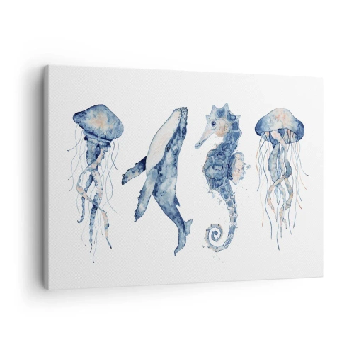 Obraz na płótnie - Meduzy, wieloryb i konik morski w akwarelowym stylu - 70x50cm - Morskie dziwy - Nowoczesna dekoracja ścienna do salonu i sypialni ARTTOR
