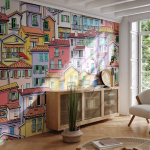 Fototapeta Premium Canvas - Kolorowe kamienice w żywej, radosnej stylistyce - 100x70cm - Wesołe miasto - Nowoczesna dekoracja ścienna do salonu i sypialni ARTTOR