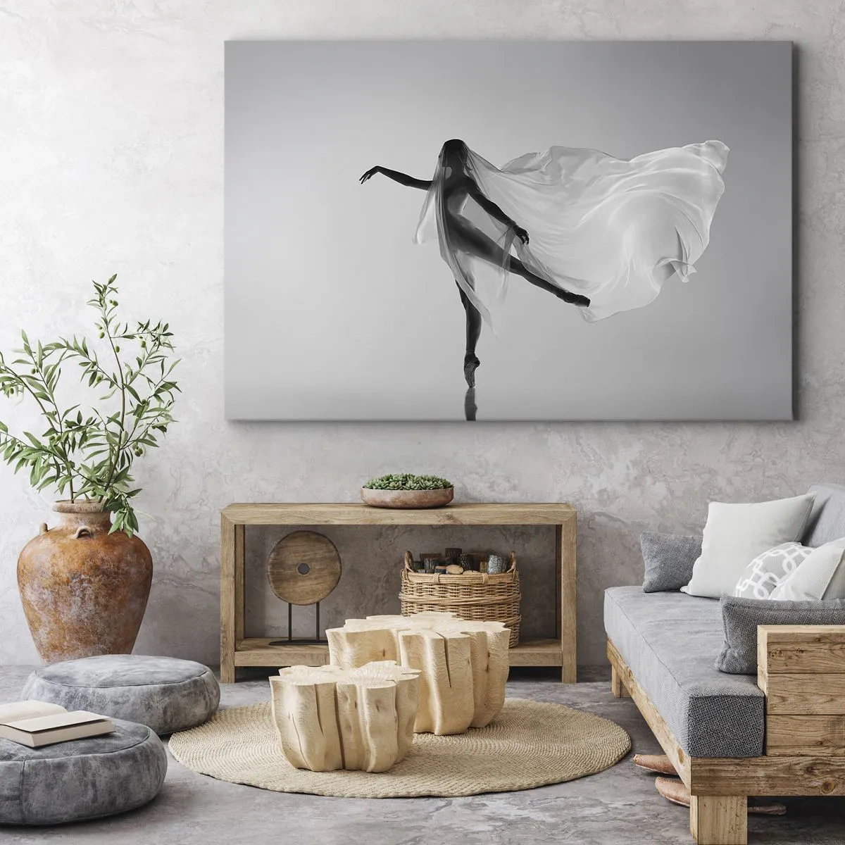 Obraz na płótnie - Tancerka w eterycznej pozie z rozwianą tkaniną - 70x50cm - Lekkość i wdzięk - Nowoczesna dekoracja ścienna do salonu i sypialni ARTTOR