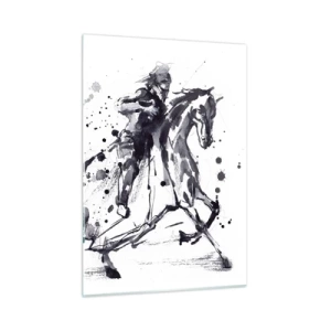 Obraz na szkle - Czarno-biały obraz jeźdźca na koniu w stylu abstrakcyjnym - 50x70cm - Czarny rycerz - Nowoczesna dekoracja ścienna do salonu, kuchni i sypialni ARTTOR