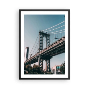 Plakat w czarnej ramie - Most wiszący w nowoczesnym mieście na tle błękitnego nieba - 50x70cm - Nad falami miasta - Nowoczesna dekoracja ścienna do salonu i sypialni ARTTOR