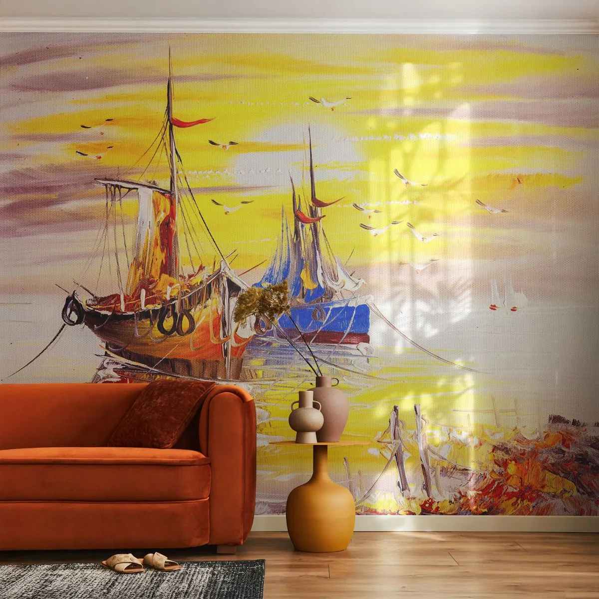 Fototapeta Premium Canvas - Zasłużony odpoczynek w porcie - Łódź Rybacka, Połów Ryb, Ptaki - 250x175 cm