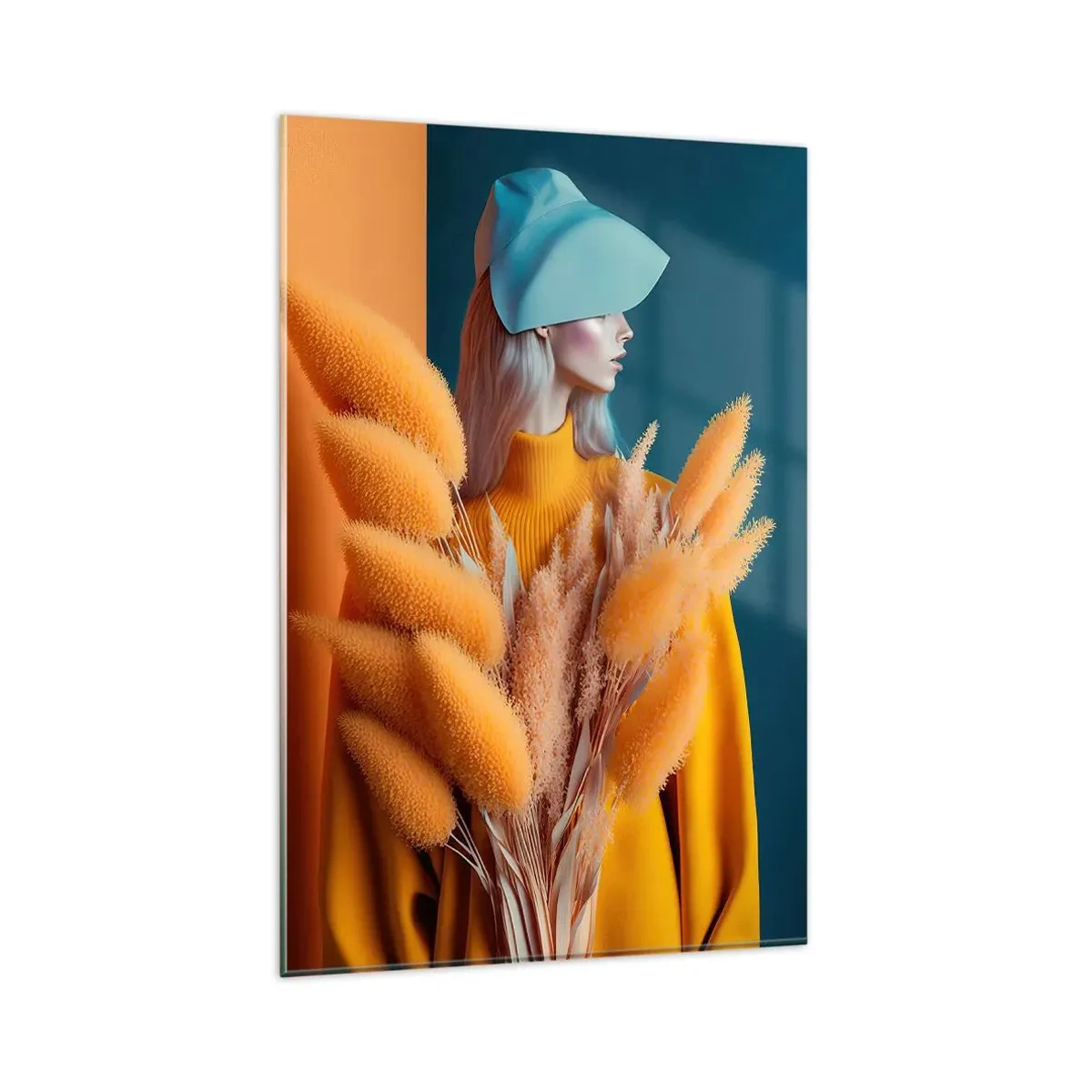 Obraz na szkle - Portret kobiety w żółtym stroju z suszonymi roślinami na tle turkusu - 80x120cm - Portret puszysty - Nowoczesna dekoracja ścienna do salonu i sypialni ARTTOR