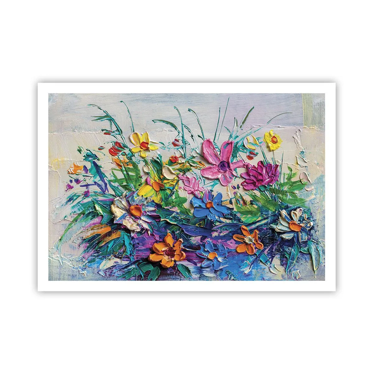 Plakat - Kolorowy bukiet kwiatów namalowany techniką impasto - 100x70cm - Wcale nie-martwa natura - Nowoczesna dekoracja ścienna do salonu i sypialni ARTTOR