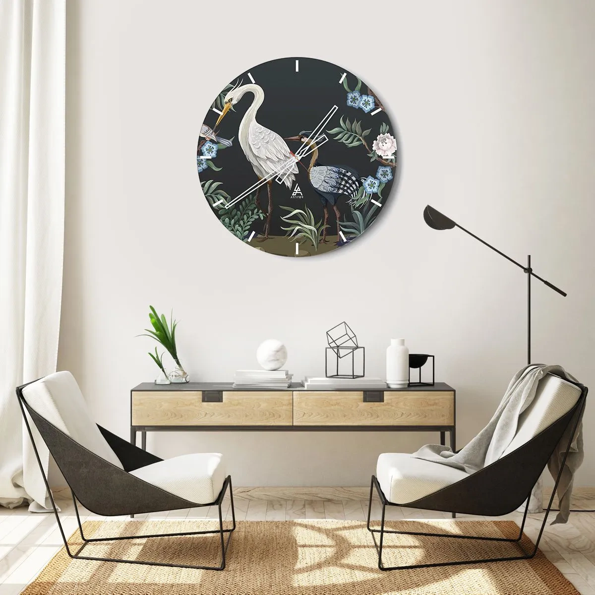 Zegar ścienny - Dekoracyjne ptaki wśród roślin na ciemnym tle - 30x30cm - Ptasia parada - Nowoczesna dekoracja ścienna do salonu, kuchni i sypialni ARTTOR