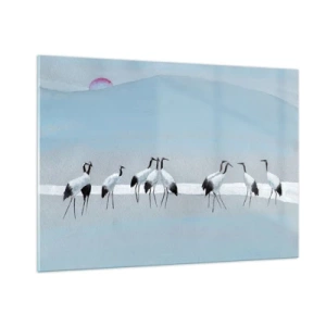 Obraz na szkle - Grupa żurawi na tle niebieskich gór i zachodu słońca - 100x70cm - Po gorącym dniu - Nowoczesna dekoracja ścienna do salonu, kuchni i sypialni ARTTOR