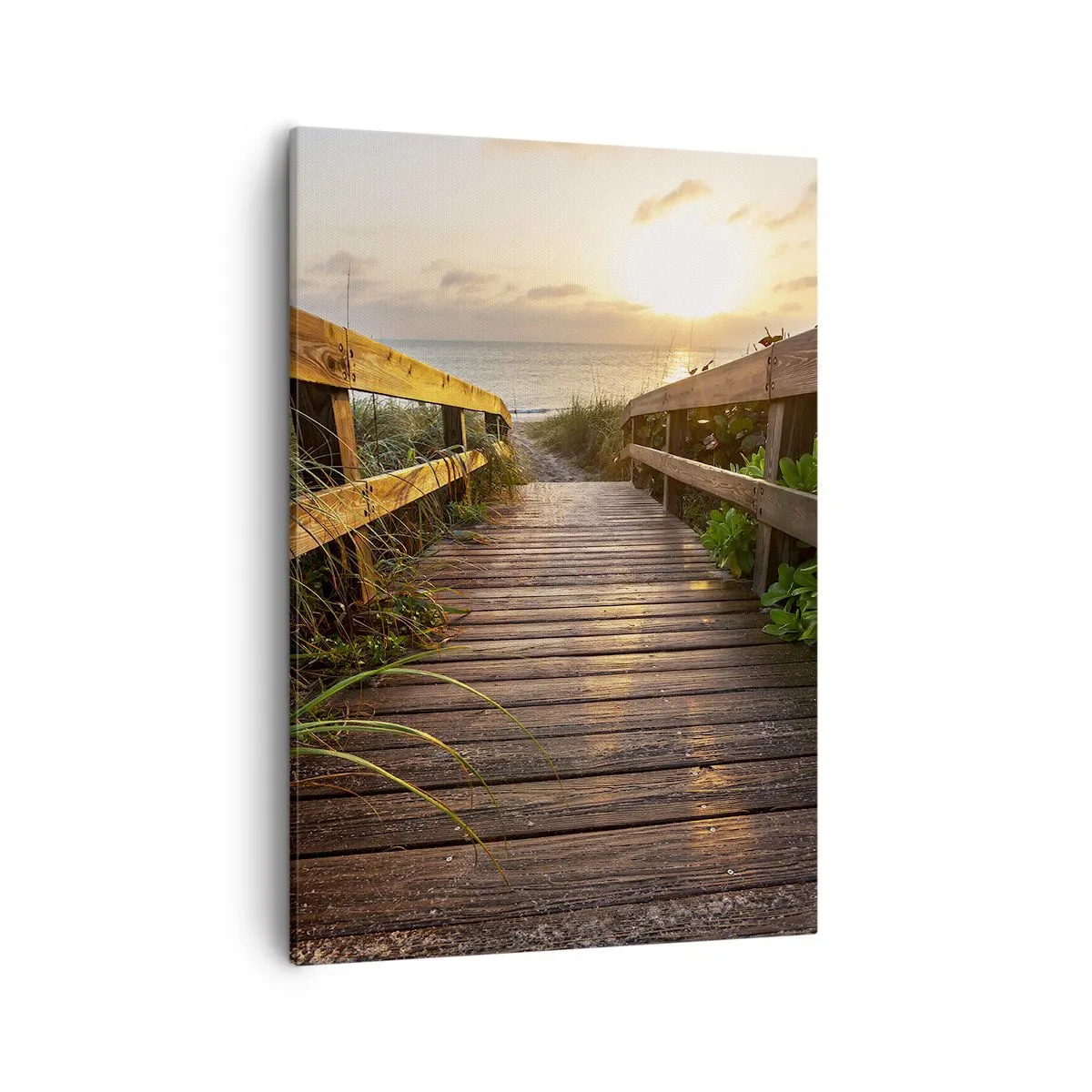 Obraz na płótnie - Drewniana ścieżka prowadząca na plażę o zachodzie słońca - 50x70cm - I wprost nad brzeg - Nowoczesna dekoracja ścienna do salonu, kuchni i sypialni ARTTOR