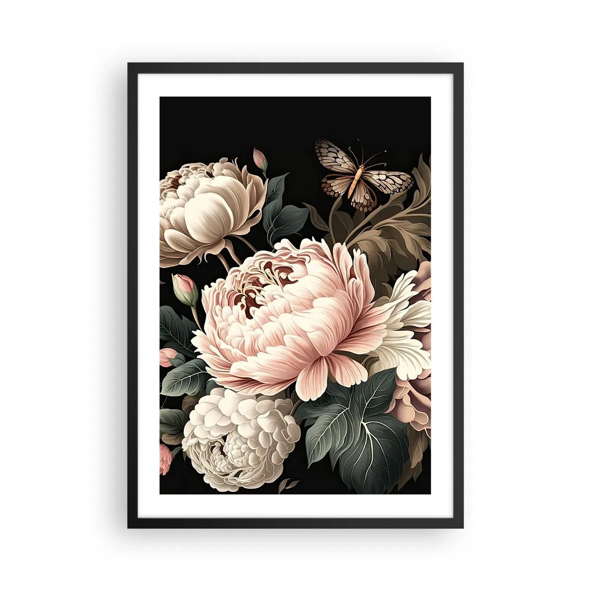 Plakat w czarnej ramie - Eleganckie piwonie i motyl na czarnym tle - 50x70cm - W barokowym stylu - Nowoczesna dekoracja ścienna do salonu i sypialni ARTTOR