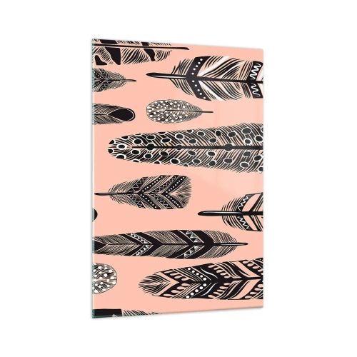 Obraz na szkle - Dekoracyjne pióra na jasnym tle - 70x100cm - Indiańska kolekcja - Nowoczesna dekoracja ścienna do salonu i sypialni ARTTOR