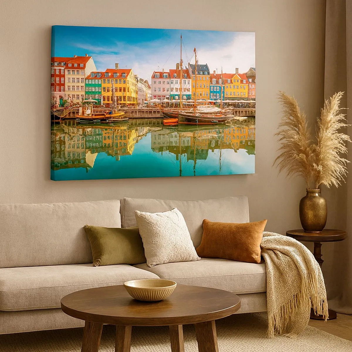 Obraz na płótnie - Kolorowe kamienice nad kanałem w Kopenhadze - 70x50cm - Nad wodą gładką jak lustro - Nowoczesna dekoracja ścienna do salonu i sypialni ARTTOR