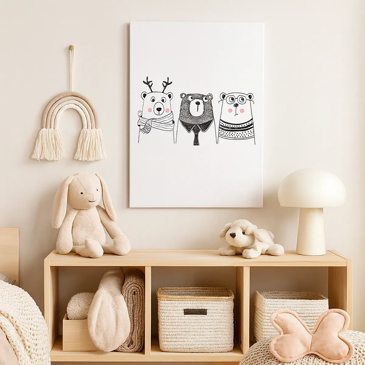 Obraz na płótnie - Minimalistyczne misie w zabawnym wydaniu - 50x70cm - Miś, misiaczek i misio - Nowoczesna dekoracja ścienna do salonu, kuchni i sypialni ARTTOR