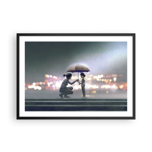 Plakat w czarnej ramie - Postać z parasolem chroniąca dziecko na tle nocnych świateł - 70x50cm - I już jest wszystko dobrze - Nowoczesna dekoracja ścienna do salonu i sypialni ARTTOR