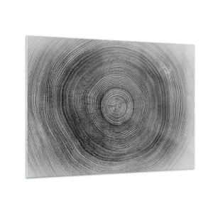 Obraz na szkle - Koncentryczne linie słojów drzewa ukazane w czarno-białej estetyce - 70x50cm - Znak czasu - Nowoczesna dekoracja ścienna do salonu i sypialni ARTTOR
