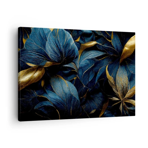 Obraz na płótnie - Eleganckie liście w złotych i granatowych odcieniach - 70x50cm - Złotem podszyte - Nowoczesna dekoracja ścienna do salonu i sypialni ARTTOR
