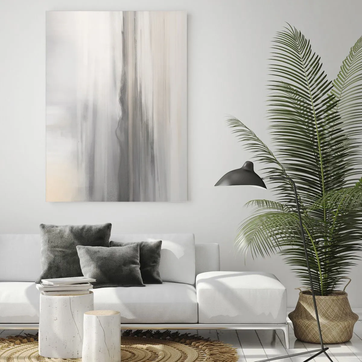 Obraz na szkle - Delikatna, rozmyta panorama górska w pastelowo-szarej tonacji - 50x70cm - Zamyślona dal - Nowoczesna dekoracja ścienna do salonu, kuchni i sypialni ARTTOR