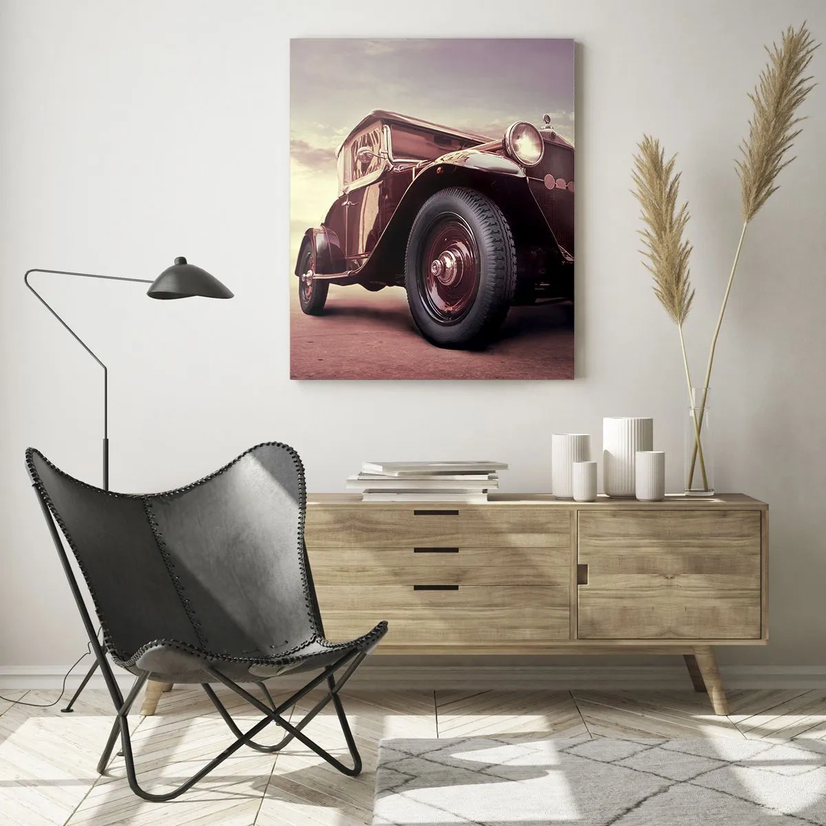 Obraz na szkle - Zabytkowy samochód w klasycznym stylu na tle nieba - 70x100cm - Powrócmy jak za dawnych lat… - Nowoczesna dekoracja ścienna do salonu i sypialni ARTTOR