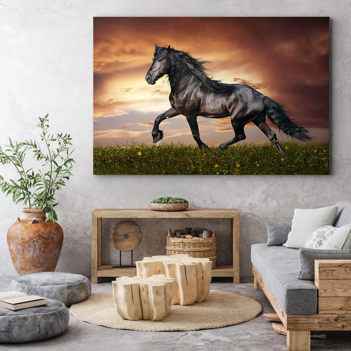 Obraz na płótnie - Czarny koń galopujący na tle zachodzącego słońca - 70x50cm - Czarny książę - Nowoczesna dekoracja ścienna do salonu i sypialni ARTTOR
